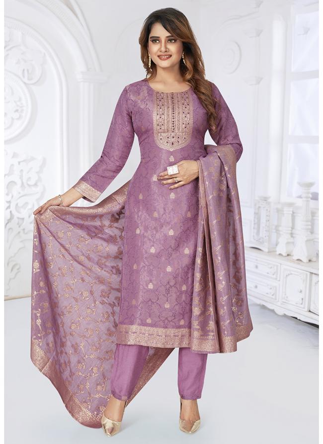 Dola Jacquard  Lilac Festival Wear Zari Work Readymade Straight Suit